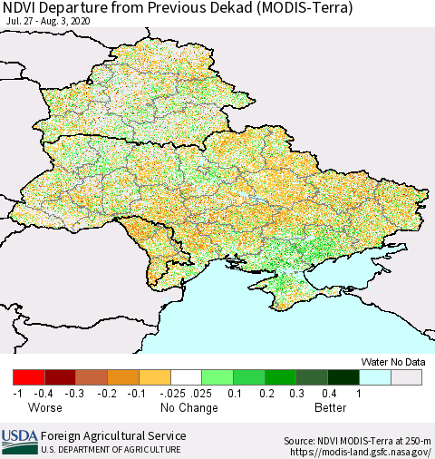 Ukraine, Moldova and Belarus NDVI Departure from Previous Dekad (Terra-MODIS) Thematic Map For 8/1/2020 - 8/10/2020