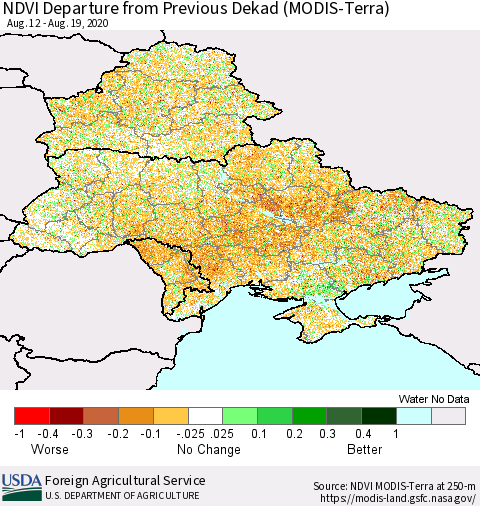 Ukraine, Moldova and Belarus NDVI Departure from Previous Dekad (Terra-MODIS) Thematic Map For 8/11/2020 - 8/20/2020