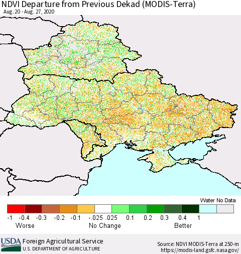 Ukraine, Moldova and Belarus NDVI Departure from Previous Dekad (Terra-MODIS) Thematic Map For 8/21/2020 - 8/31/2020