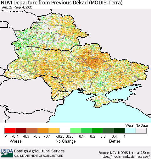 Ukraine, Moldova and Belarus NDVI Departure from Previous Dekad (Terra-MODIS) Thematic Map For 9/1/2020 - 9/10/2020
