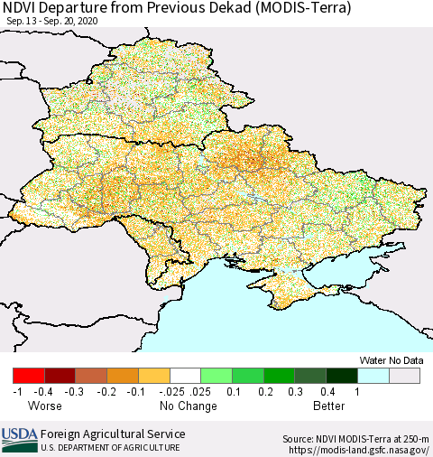 Ukraine, Moldova and Belarus NDVI Departure from Previous Dekad (Terra-MODIS) Thematic Map For 9/11/2020 - 9/20/2020