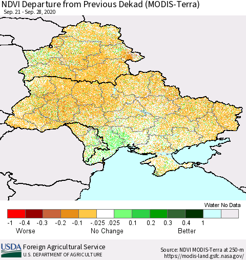 Ukraine, Moldova and Belarus NDVI Departure from Previous Dekad (Terra-MODIS) Thematic Map For 9/21/2020 - 9/30/2020