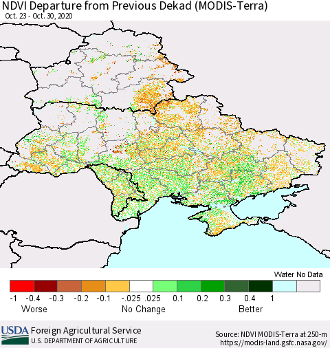 Ukraine, Moldova and Belarus NDVI Departure from Previous Dekad (Terra-MODIS) Thematic Map For 10/21/2020 - 10/31/2020