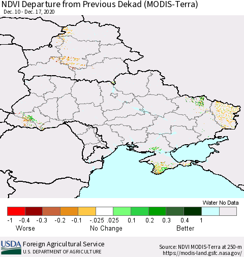 Ukraine, Moldova and Belarus NDVI Departure from Previous Dekad (Terra-MODIS) Thematic Map For 12/11/2020 - 12/20/2020