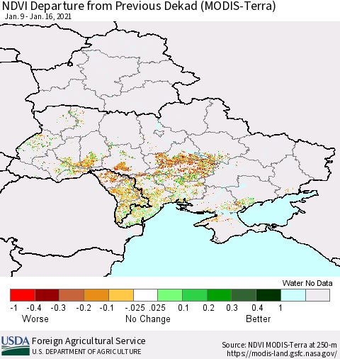 Ukraine, Moldova and Belarus NDVI Departure from Previous Dekad (Terra-MODIS) Thematic Map For 1/11/2021 - 1/20/2021