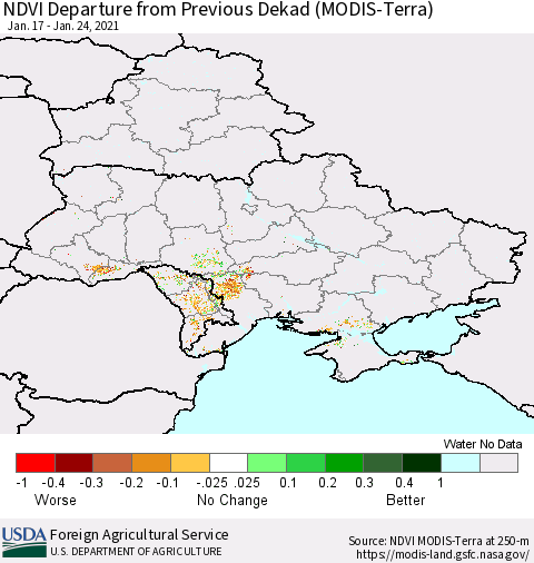 Ukraine, Moldova and Belarus NDVI Departure from Previous Dekad (Terra-MODIS) Thematic Map For 1/21/2021 - 1/31/2021