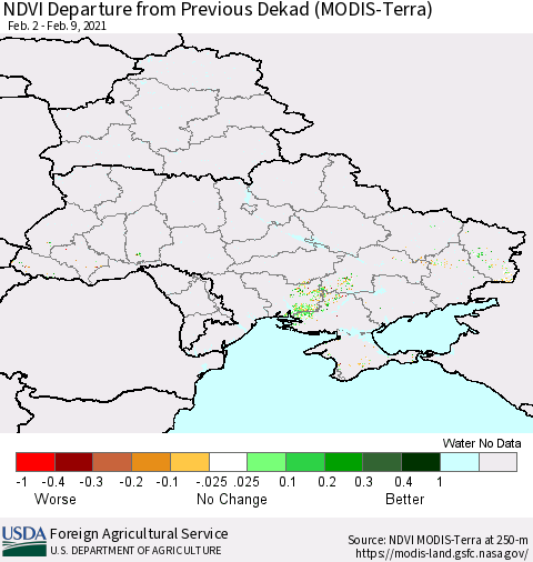 Ukraine, Moldova and Belarus NDVI Departure from Previous Dekad (Terra-MODIS) Thematic Map For 2/1/2021 - 2/10/2021