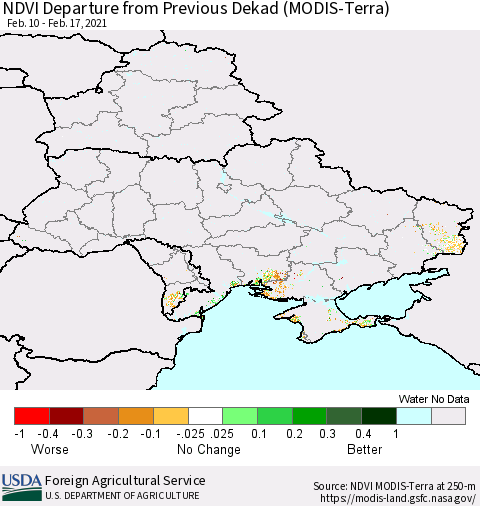 Ukraine, Moldova and Belarus NDVI Departure from Previous Dekad (Terra-MODIS) Thematic Map For 2/11/2021 - 2/20/2021