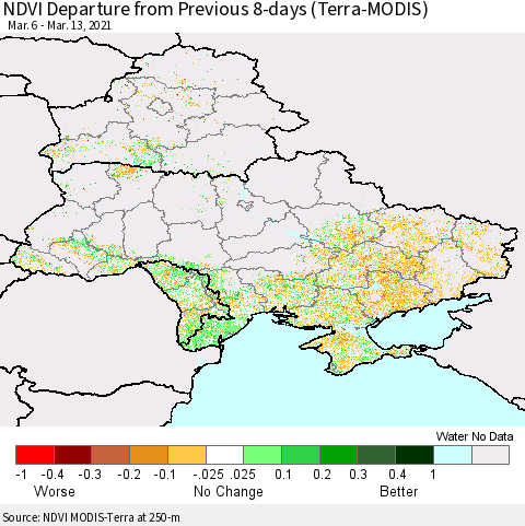 Ukraine, Moldova and Belarus NDVI Departure from Previous 8-days (Terra-MODIS) Thematic Map For 3/6/2021 - 3/13/2021