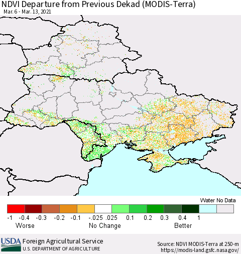 Ukraine, Moldova and Belarus NDVI Departure from Previous Dekad (Terra-MODIS) Thematic Map For 3/11/2021 - 3/20/2021