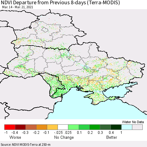 Ukraine, Moldova and Belarus NDVI Departure from Previous 8-days (Terra-MODIS) Thematic Map For 3/14/2021 - 3/21/2021