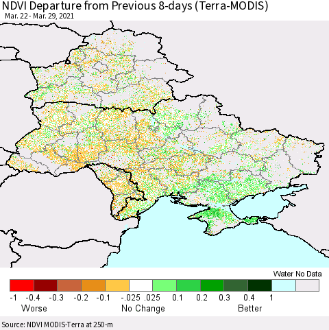 Ukraine, Moldova and Belarus NDVI Departure from Previous 8-days (Terra-MODIS) Thematic Map For 3/22/2021 - 3/29/2021