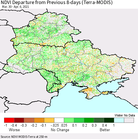 Ukraine, Moldova and Belarus NDVI Departure from Previous 8-days (Terra-MODIS) Thematic Map For 3/30/2021 - 4/6/2021
