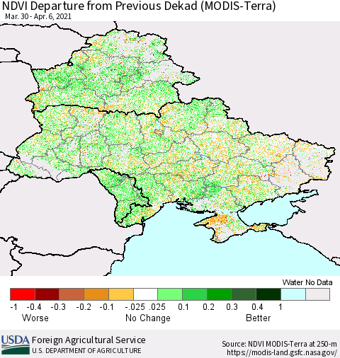 Ukraine, Moldova and Belarus NDVI Departure from Previous Dekad (Terra-MODIS) Thematic Map For 4/1/2021 - 4/10/2021