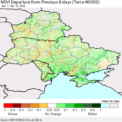 Ukraine, Moldova and Belarus NDVI Departure from Previous 8-days (Terra-MODIS) Thematic Map For 4/7/2021 - 4/14/2021