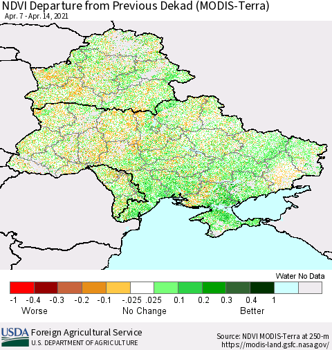 Ukraine, Moldova and Belarus NDVI Departure from Previous Dekad (Terra-MODIS) Thematic Map For 4/11/2021 - 4/20/2021