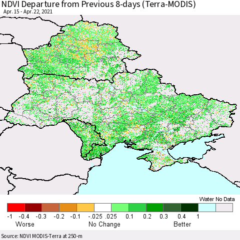 Ukraine, Moldova and Belarus NDVI Departure from Previous 8-days (Terra-MODIS) Thematic Map For 4/15/2021 - 4/22/2021