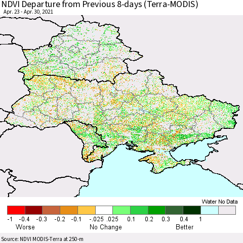 Ukraine, Moldova and Belarus NDVI Departure from Previous Dekad (Terra-MODIS) Thematic Map For 4/21/2021 - 4/30/2021