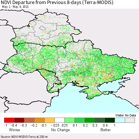 Ukraine, Moldova and Belarus NDVI Departure from Previous 8-days (Terra-MODIS) Thematic Map For 5/1/2021 - 5/8/2021
