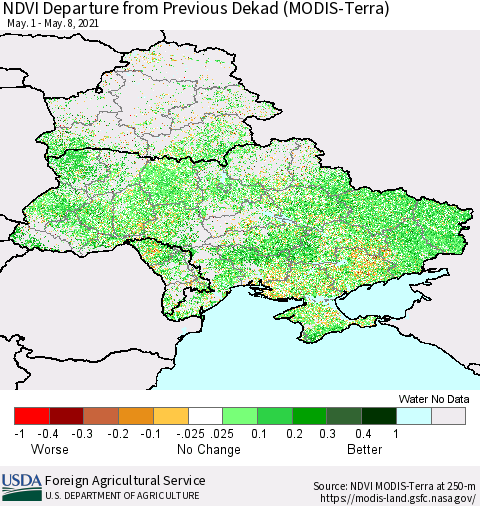 Ukraine, Moldova and Belarus NDVI Departure from Previous Dekad (Terra-MODIS) Thematic Map For 5/1/2021 - 5/10/2021