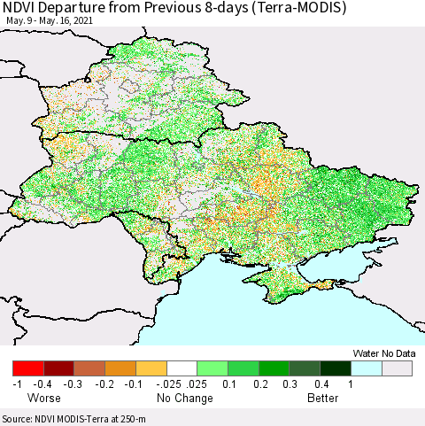 Ukraine, Moldova and Belarus NDVI Departure from Previous 8-days (Terra-MODIS) Thematic Map For 5/9/2021 - 5/16/2021