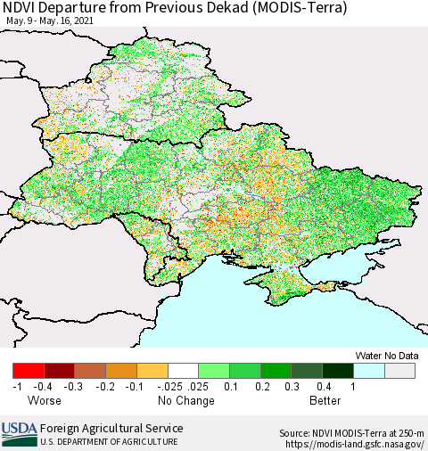 Ukraine, Moldova and Belarus NDVI Departure from Previous Dekad (Terra-MODIS) Thematic Map For 5/11/2021 - 5/20/2021