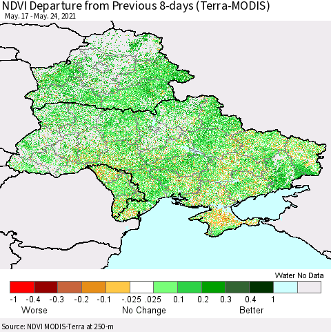 Ukraine, Moldova and Belarus NDVI Departure from Previous 8-days (Terra-MODIS) Thematic Map For 5/17/2021 - 5/24/2021