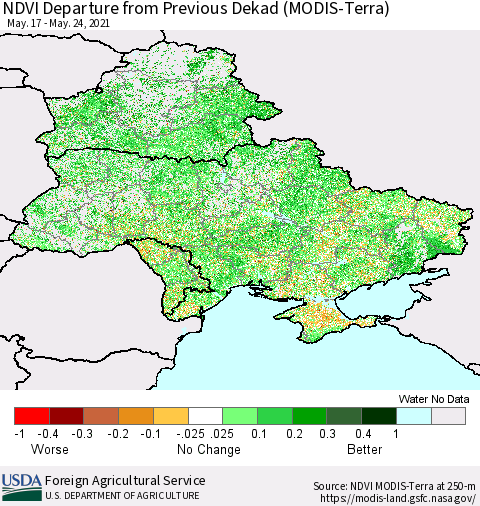 Ukraine, Moldova and Belarus NDVI Departure from Previous Dekad (Terra-MODIS) Thematic Map For 5/21/2021 - 5/31/2021