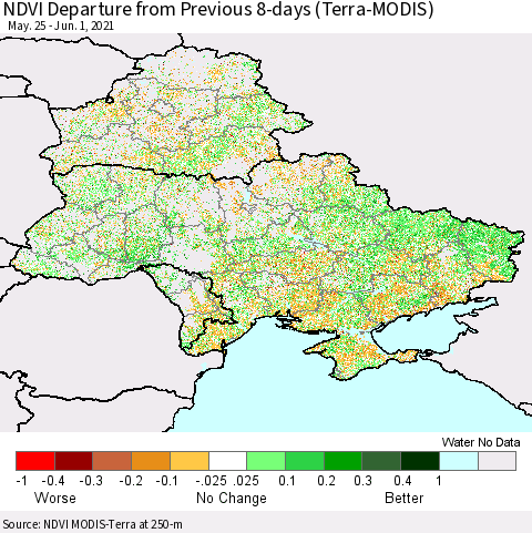 Ukraine, Moldova and Belarus NDVI Departure from Previous 8-days (Terra-MODIS) Thematic Map For 5/25/2021 - 6/1/2021
