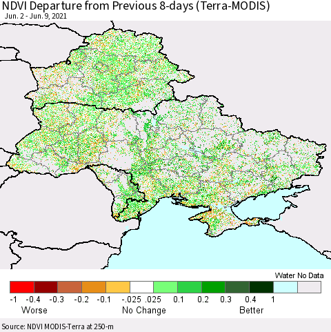 Ukraine, Moldova and Belarus NDVI Departure from Previous 8-days (Terra-MODIS) Thematic Map For 6/2/2021 - 6/9/2021