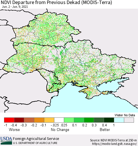 Ukraine, Moldova and Belarus NDVI Departure from Previous Dekad (Terra-MODIS) Thematic Map For 6/1/2021 - 6/10/2021