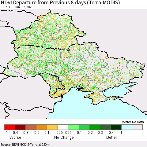 Ukraine, Moldova and Belarus NDVI Departure from Previous 8-days (Terra-MODIS) Thematic Map For 6/10/2021 - 6/17/2021