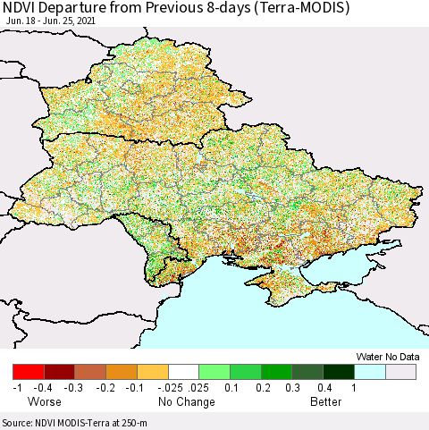 Ukraine, Moldova and Belarus NDVI Departure from Previous 8-days (Terra-MODIS) Thematic Map For 6/18/2021 - 6/25/2021