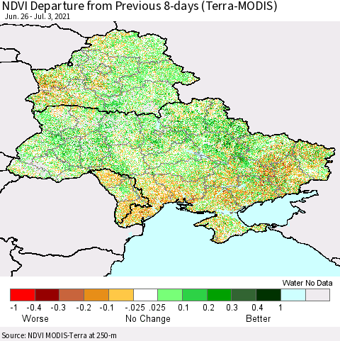Ukraine, Moldova and Belarus NDVI Departure from Previous 8-days (Terra-MODIS) Thematic Map For 6/26/2021 - 7/3/2021