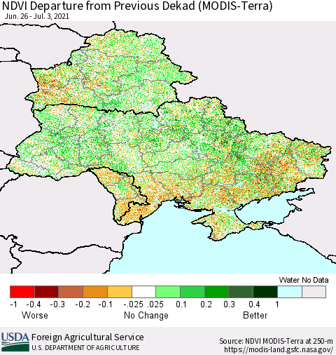 Ukraine, Moldova and Belarus NDVI Departure from Previous Dekad (Terra-MODIS) Thematic Map For 7/1/2021 - 7/10/2021