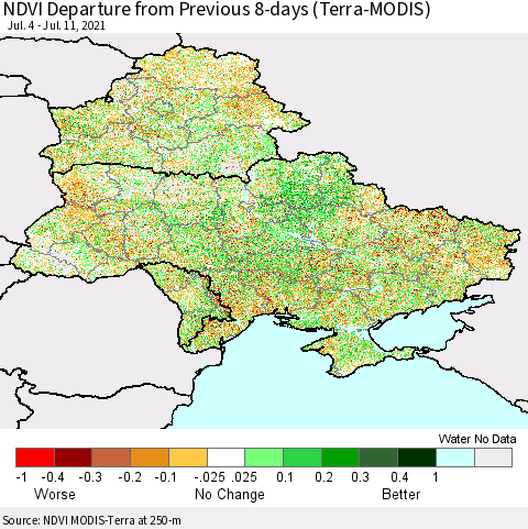Ukraine, Moldova and Belarus NDVI Departure from Previous 8-days (Terra-MODIS) Thematic Map For 7/4/2021 - 7/11/2021