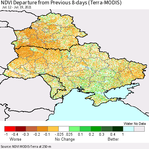 Ukraine, Moldova and Belarus NDVI Departure from Previous 8-days (Terra-MODIS) Thematic Map For 7/12/2021 - 7/19/2021
