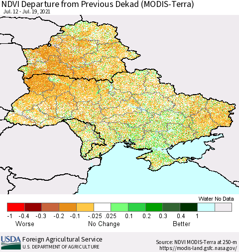 Ukraine, Moldova and Belarus NDVI Departure from Previous Dekad (Terra-MODIS) Thematic Map For 7/11/2021 - 7/20/2021