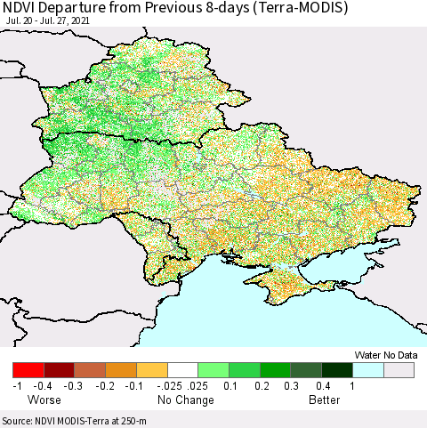 Ukraine, Moldova and Belarus NDVI Departure from Previous 8-days (Terra-MODIS) Thematic Map For 7/20/2021 - 7/27/2021