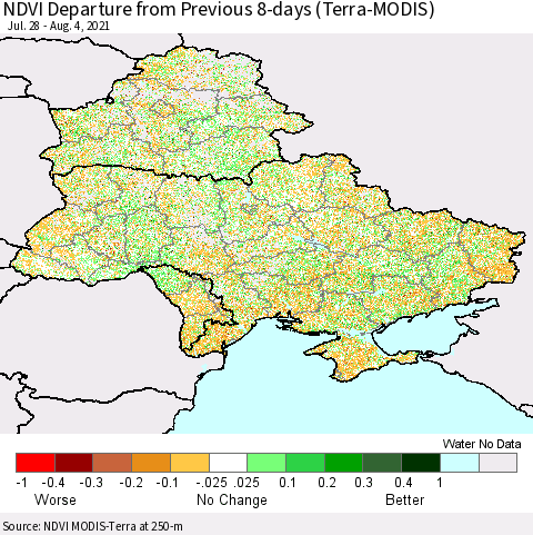 Ukraine, Moldova and Belarus NDVI Departure from Previous 8-days (Terra-MODIS) Thematic Map For 7/28/2021 - 8/4/2021