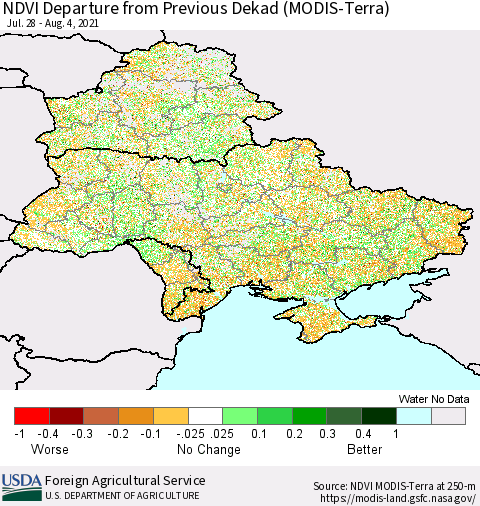 Ukraine, Moldova and Belarus NDVI Departure from Previous Dekad (Terra-MODIS) Thematic Map For 8/1/2021 - 8/10/2021
