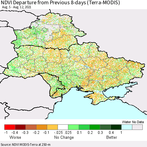 Ukraine, Moldova and Belarus NDVI Departure from Previous 8-days (Terra-MODIS) Thematic Map For 8/5/2021 - 8/12/2021