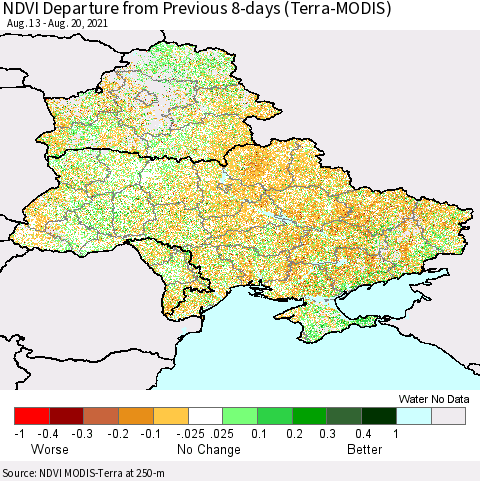 Ukraine, Moldova and Belarus NDVI Departure from Previous 8-days (Terra-MODIS) Thematic Map For 8/13/2021 - 8/20/2021