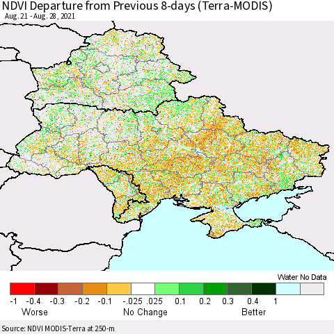 Ukraine, Moldova and Belarus NDVI Departure from Previous 8-days (Terra-MODIS) Thematic Map For 8/21/2021 - 8/28/2021