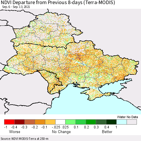 Ukraine, Moldova and Belarus NDVI Departure from Previous 8-days (Terra-MODIS) Thematic Map For 9/6/2021 - 9/13/2021
