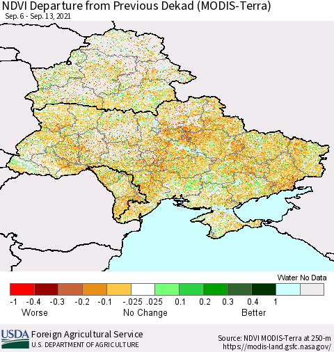 Ukraine, Moldova and Belarus NDVI Departure from Previous Dekad (Terra-MODIS) Thematic Map For 9/11/2021 - 9/20/2021