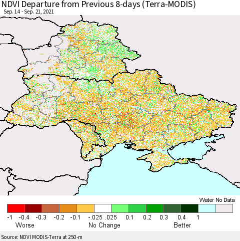 Ukraine, Moldova and Belarus NDVI Departure from Previous 8-days (Terra-MODIS) Thematic Map For 9/14/2021 - 9/21/2021
