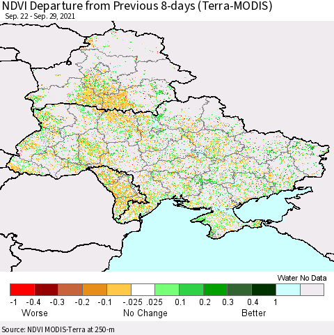 Ukraine, Moldova and Belarus NDVI Departure from Previous 8-days (Terra-MODIS) Thematic Map For 9/22/2021 - 9/29/2021
