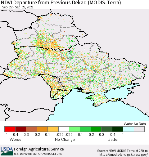 Ukraine, Moldova and Belarus NDVI Departure from Previous Dekad (Terra-MODIS) Thematic Map For 9/21/2021 - 9/30/2021