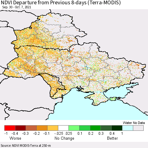 Ukraine, Moldova and Belarus NDVI Departure from Previous 8-days (Terra-MODIS) Thematic Map For 9/30/2021 - 10/7/2021